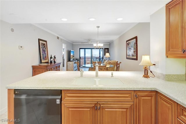 kitchen with stainless steel dishwasher, a peninsula, a sink, and ornamental molding