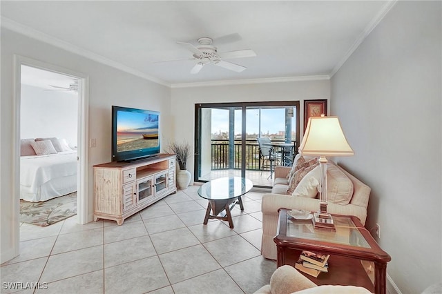 living area featuring light tile patterned flooring, a ceiling fan, and ornamental molding