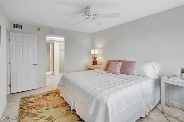 bedroom featuring ceiling fan, visible vents, and light tile patterned flooring