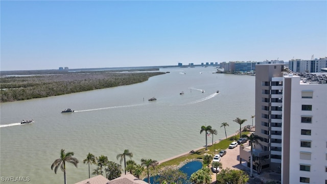 view of water feature with a view of city