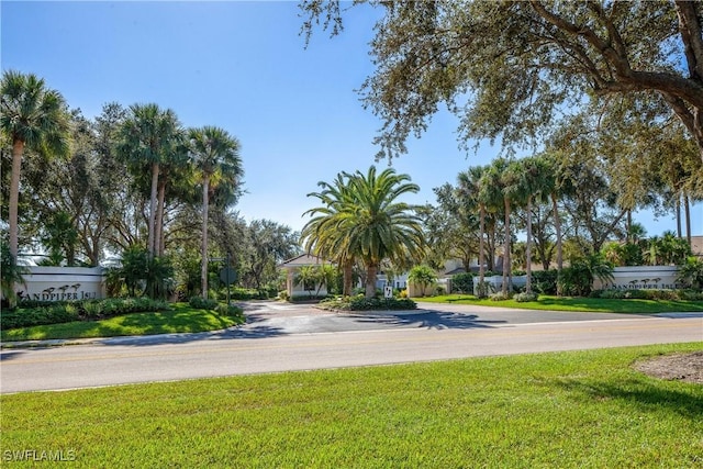 view of community featuring concrete driveway and a yard