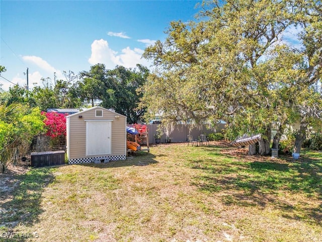 view of yard with a storage unit, an outdoor structure, and fence