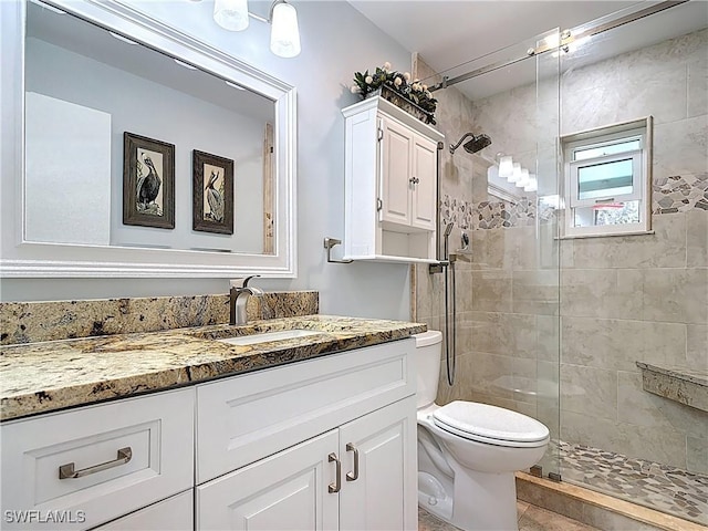 full bath featuring a shower stall, toilet, and vanity