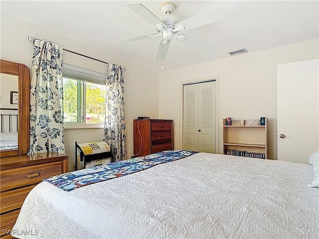 bedroom featuring visible vents, a closet, and a ceiling fan