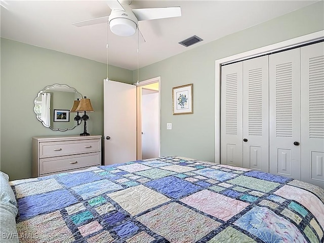 bedroom featuring a closet, visible vents, and ceiling fan