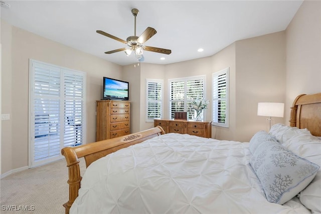 bedroom featuring baseboards, recessed lighting, ceiling fan, access to exterior, and light colored carpet