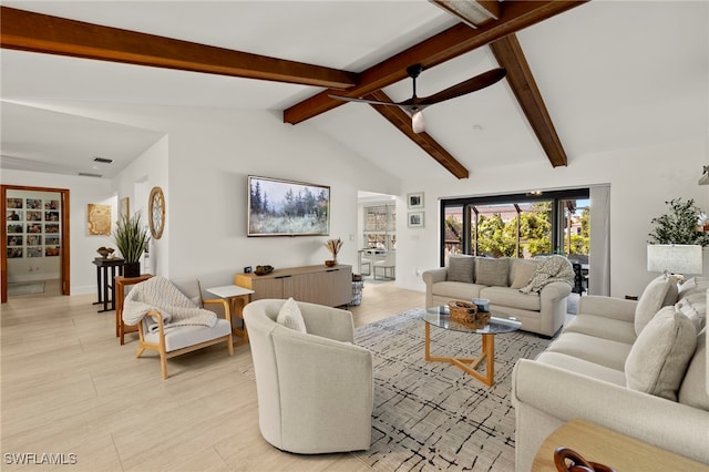 living area with vaulted ceiling with beams, light wood-style floors, and ceiling fan