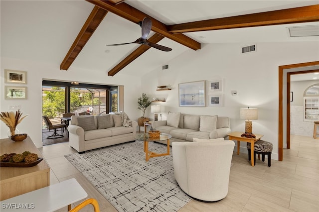 living room with light tile patterned floors, visible vents, and vaulted ceiling with beams