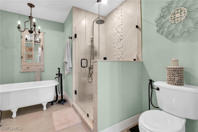 full bath featuring visible vents, a shower stall, baseboards, toilet, and tile patterned floors
