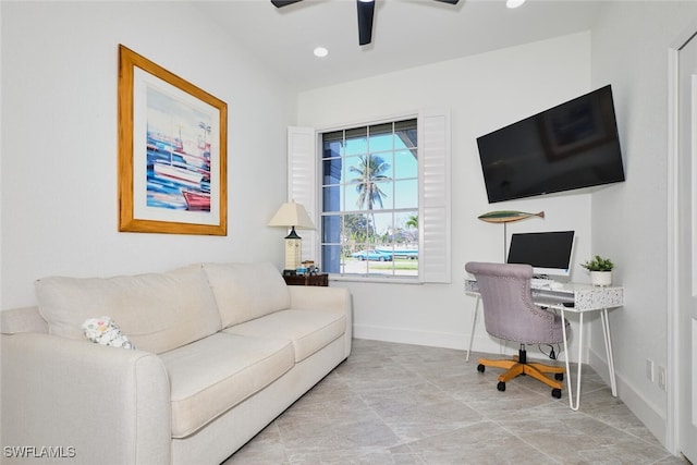 office area featuring recessed lighting, baseboards, and ceiling fan