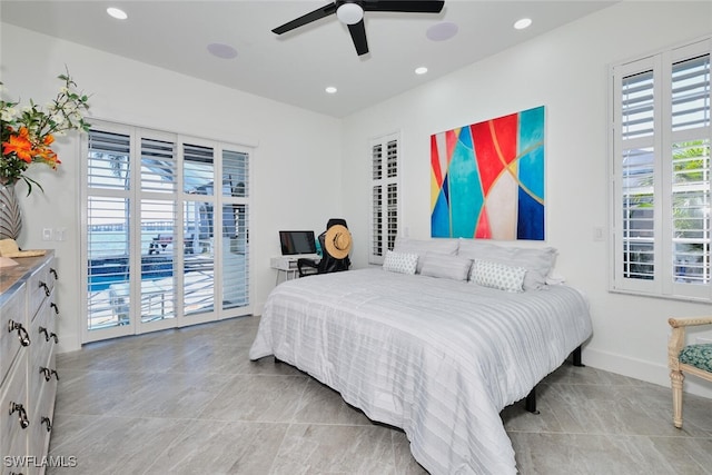 bedroom with recessed lighting, baseboards, ceiling fan, and access to outside