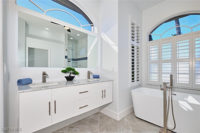 full bath featuring double vanity, a shower stall, a freestanding bath, and a sink