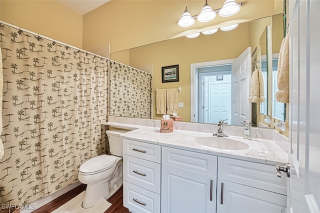 full bathroom featuring curtained shower, toilet, and vanity