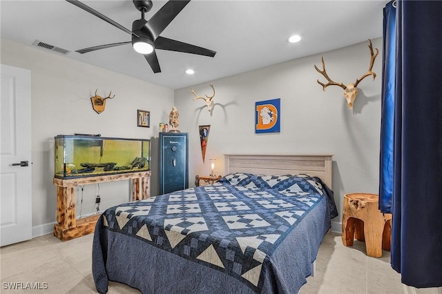 bedroom featuring visible vents, a ceiling fan, recessed lighting, tile patterned flooring, and baseboards