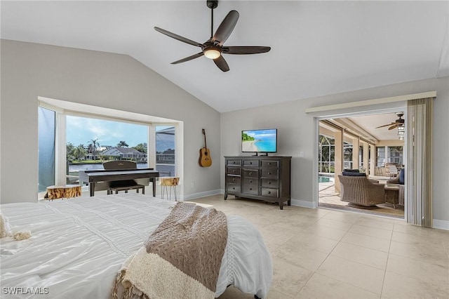 bedroom featuring a ceiling fan, baseboards, tile patterned flooring, vaulted ceiling, and access to outside