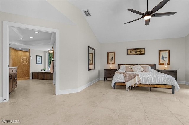 bedroom with recessed lighting, visible vents, baseboards, and ceiling fan