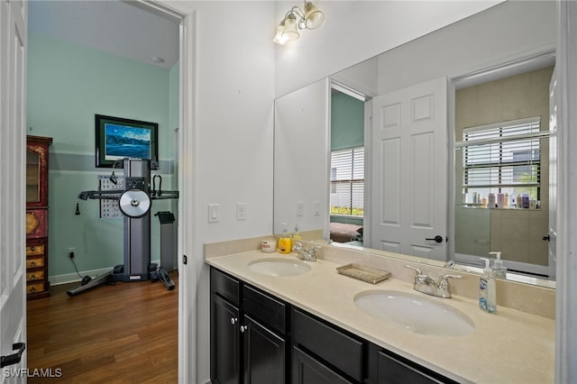 bathroom with wood finished floors, a sink, and a wealth of natural light