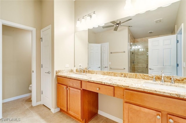 full bath with visible vents, toilet, a sink, a shower stall, and tile patterned flooring