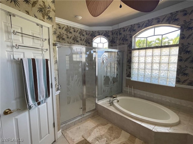 2016 El Dorado Pkwy W, Cape Coral, FL 33914 - full bath featuring a shower stall, wallpapered walls, crown molding, ceiling fan, and a garden tub