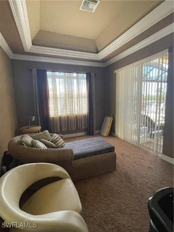 2016 El Dorado Pkwy W, Cape Coral, FL 33914 - interior space featuring a tray ceiling, carpet, visible vents, and ornamental molding