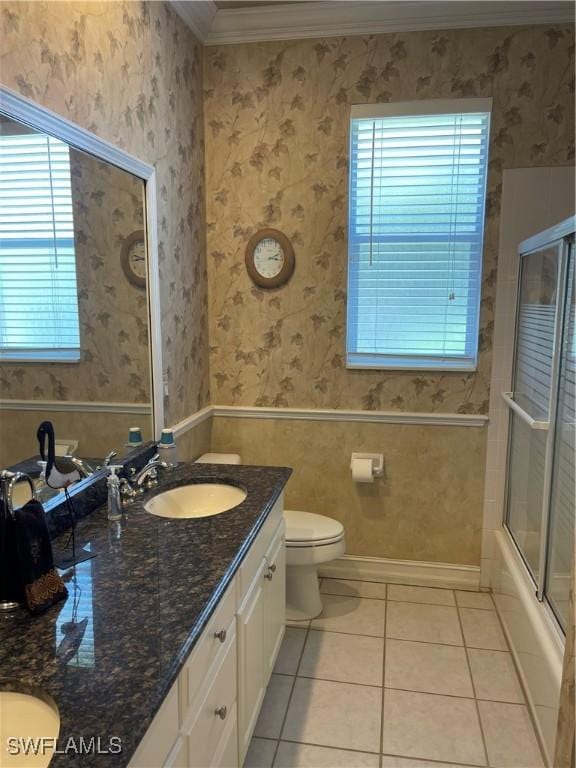 2016 El Dorado Pkwy W, Cape Coral, FL 33914 - full bath with wallpapered walls, crown molding, tile patterned floors, and a sink