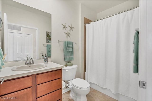 full bathroom with tile patterned floors, visible vents, toilet, and vanity