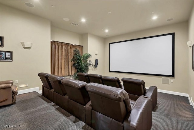 home theater room with visible vents, recessed lighting, baseboards, and carpet