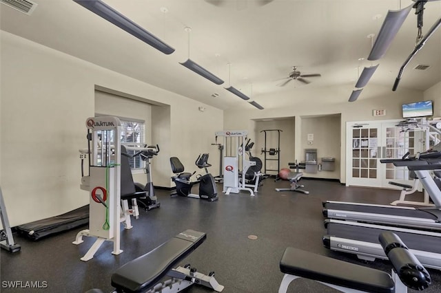 exercise room with visible vents, baseboards, ceiling fan, and french doors