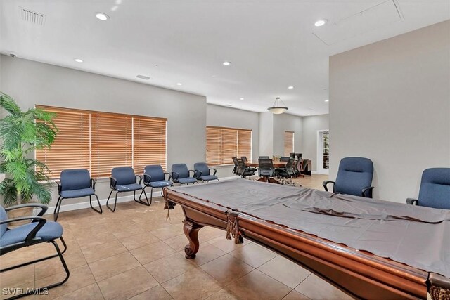 rec room with billiards, visible vents, baseboards, recessed lighting, and tile patterned flooring