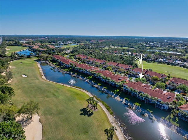 bird's eye view featuring golf course view and a water view