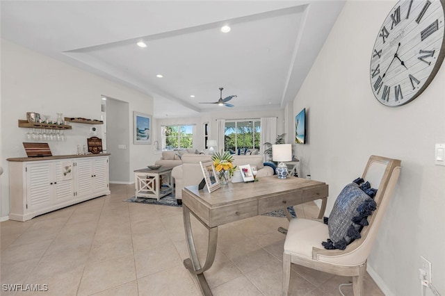 office space featuring light tile patterned floors, recessed lighting, a bar, and baseboards