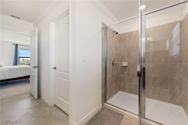 full bath featuring a shower stall, visible vents, and crown molding