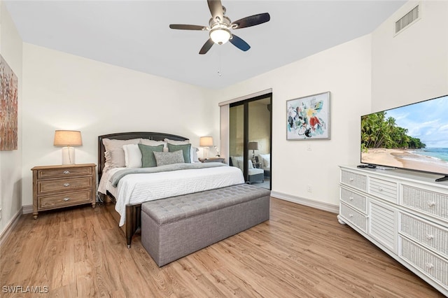 bedroom featuring light wood finished floors, visible vents, a ceiling fan, and baseboards