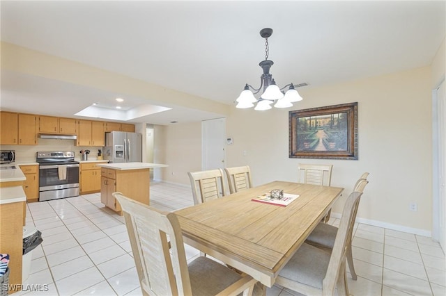 dining area with recessed lighting, visible vents, light tile patterned flooring, a chandelier, and baseboards