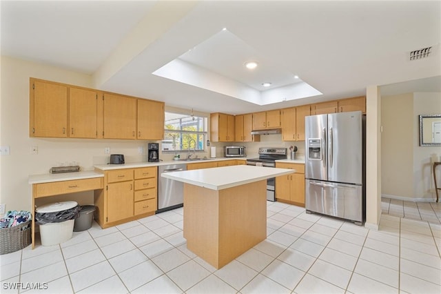 kitchen featuring a tray ceiling, light countertops, visible vents, appliances with stainless steel finishes, and a sink