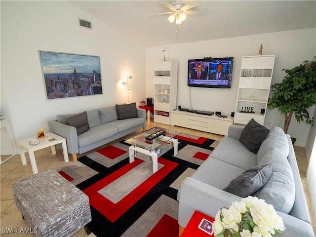 1822 SE 20th St, Cape Coral, FL 33990 - tiled living area with a ceiling fan, lofted ceiling, and visible vents