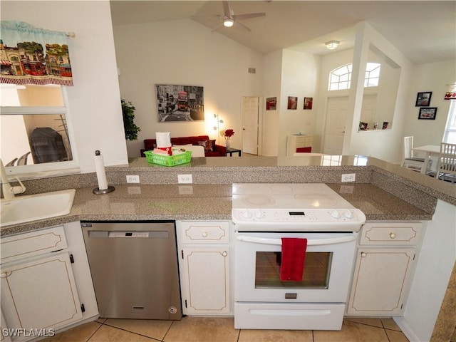1822 SE 20th St, Cape Coral, FL 33990 - kitchen featuring a sink, a peninsula, light tile patterned flooring, electric range, and stainless steel dishwasher