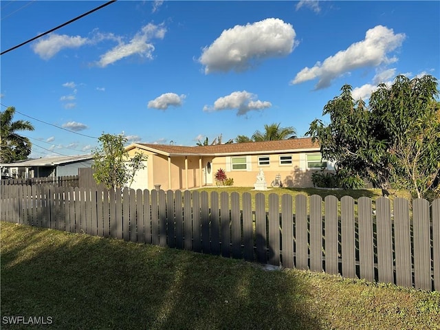 view of front of home featuring a front lawn, a fenced front yard, and stucco siding