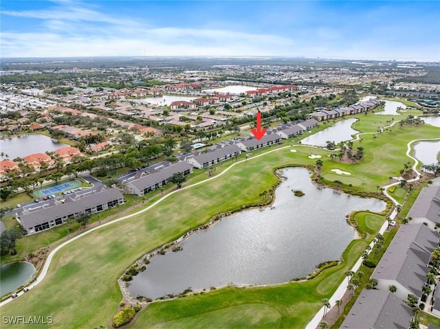 bird's eye view with a residential view, golf course view, and a water view