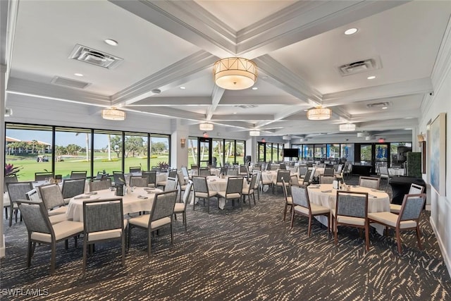 carpeted dining area featuring visible vents, coffered ceiling, beamed ceiling, and crown molding