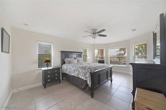 bedroom with light tile patterned floors, baseboards, visible vents, and ceiling fan