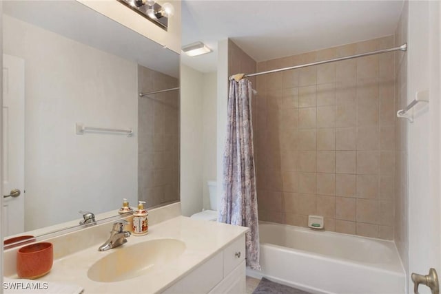 bathroom with shower / bath combo with shower curtain and vanity