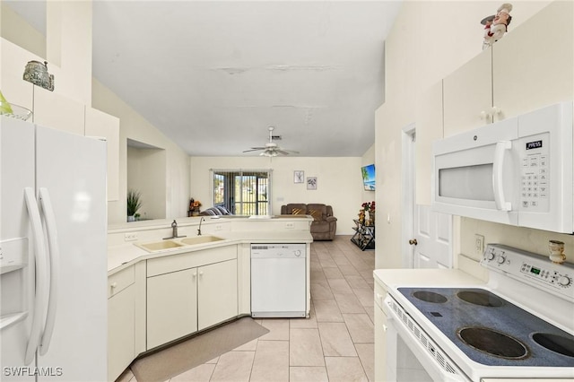 kitchen featuring light countertops, open floor plan, a sink, ceiling fan, and white appliances