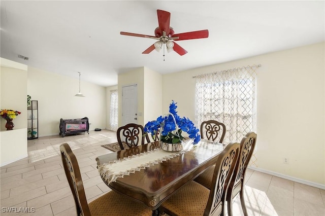 dining space featuring visible vents, ceiling fan, and baseboards