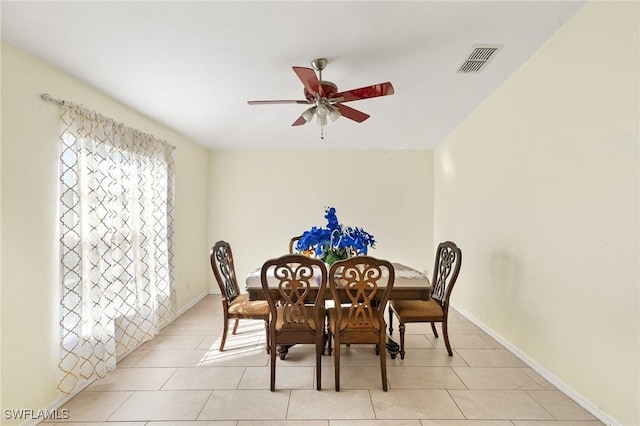 dining area with baseboards, light tile patterned floors, visible vents, and a ceiling fan