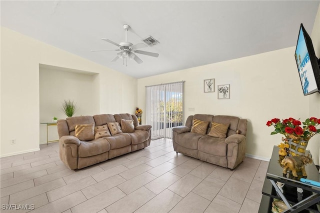 living area with lofted ceiling, visible vents, ceiling fan, and baseboards