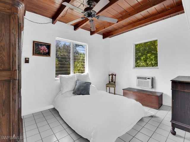 bedroom featuring wooden ceiling, light tile patterned floors, beam ceiling, and a wall mounted air conditioner