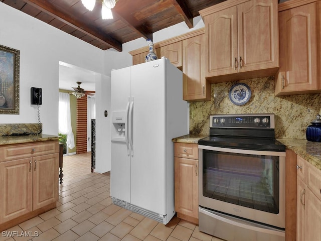 kitchen with light brown cabinets, a ceiling fan, stainless steel electric range, backsplash, and white fridge with ice dispenser