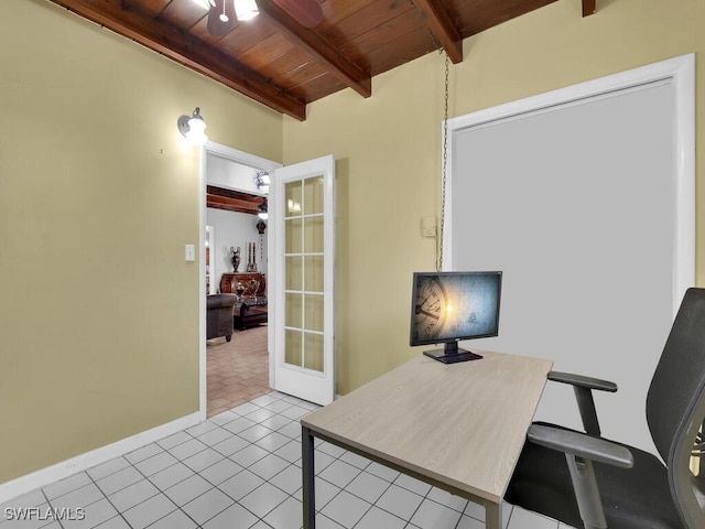 office area featuring french doors, wood ceiling, beamed ceiling, baseboards, and tile patterned floors