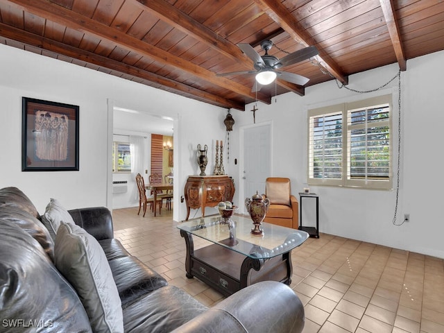 living room featuring light tile patterned floors, ceiling fan, beam ceiling, and wood ceiling